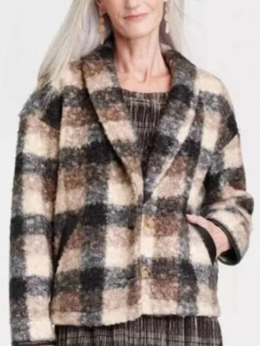 Knox Rose Plaid Shaggy Blazer in Cream, Brown & Black Tones